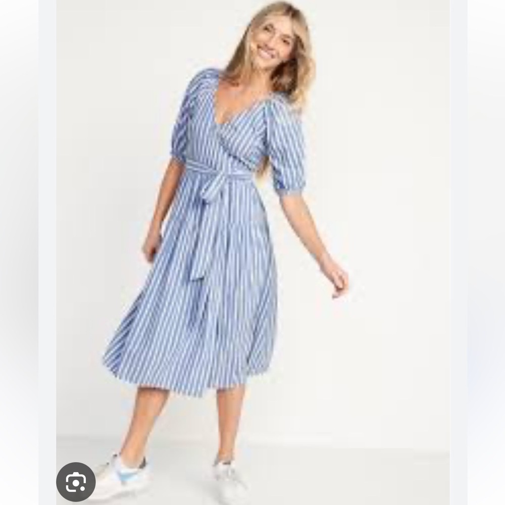 OLD NAVY Waist-Defined Striped Tie-Belt Midi Wrap Dress Puff Sleeve Size Large